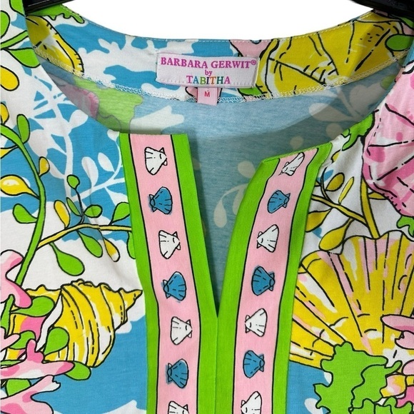 Barbara Gerwitt by Tabitha Blue Pink Green Sea Scene Slit Neck Shift Dress - Picture 3 of 10